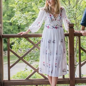 Raga Floral White Embroidered Midi Dress Long Sleeve